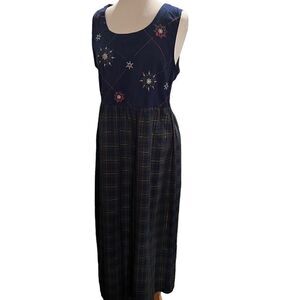 Bobby Brooks Maxi Dress Appliquéd Navy Green Red Gold Plaid size Lg